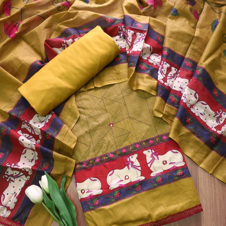 Gajjani Mustard Yellow Self Print with Patra and Pichwai Print Hem Jam Cotton Set