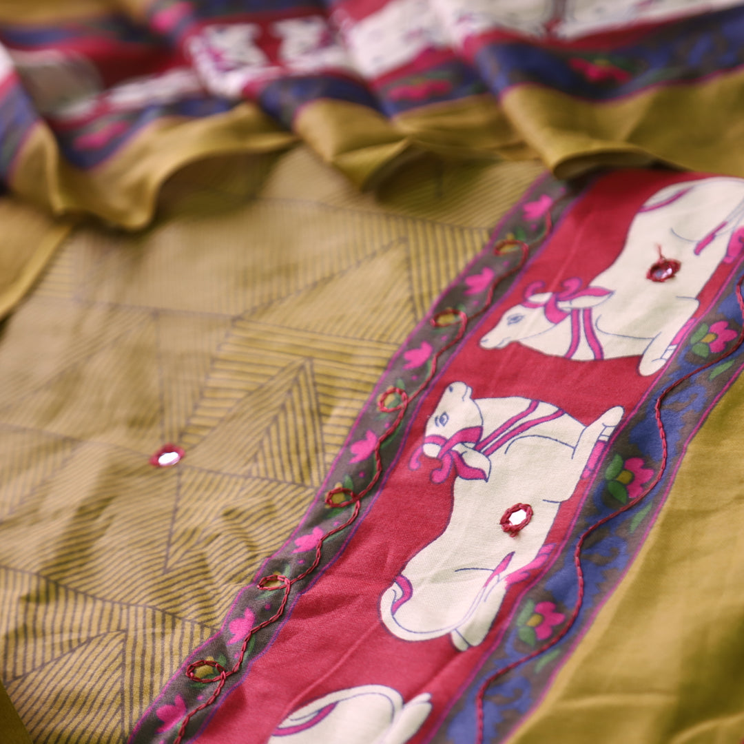 Gajjani Mustard Yellow Self Print with Patra and Pichwai Print Hem Jam Cotton Set