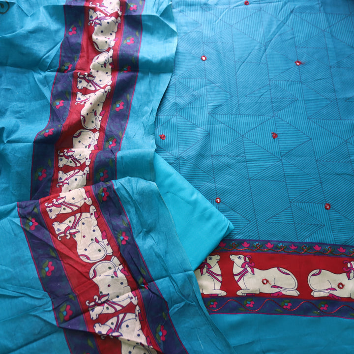 Gajjani Aqua Teal Self Print with Patra and Pichwai Print Hem Jam Cotton Set