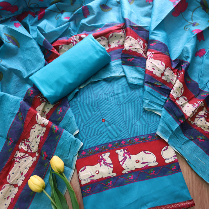 Gajjani Aqua Teal Self Print with Patra and Pichwai Print Hem Jam Cotton Set