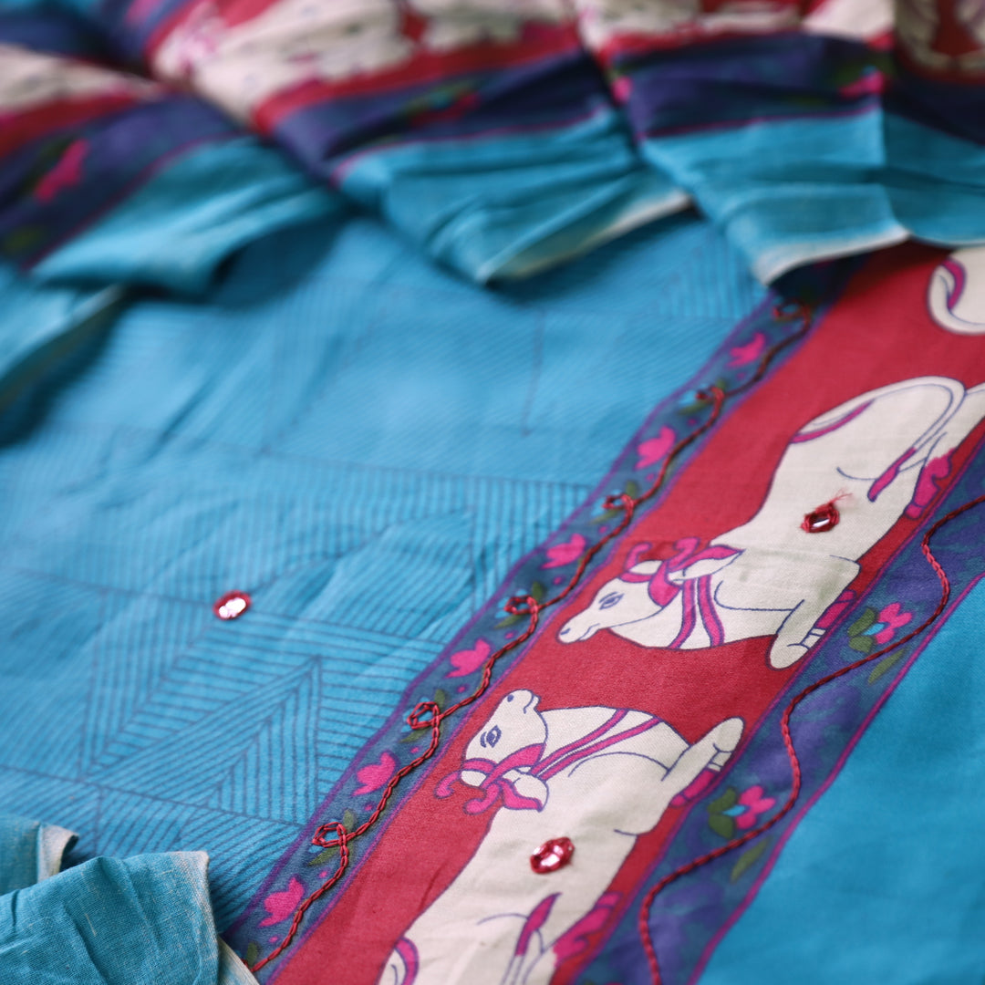 Gajjani Aqua Teal Self Print with Patra and Pichwai Print Hem Jam Cotton Set