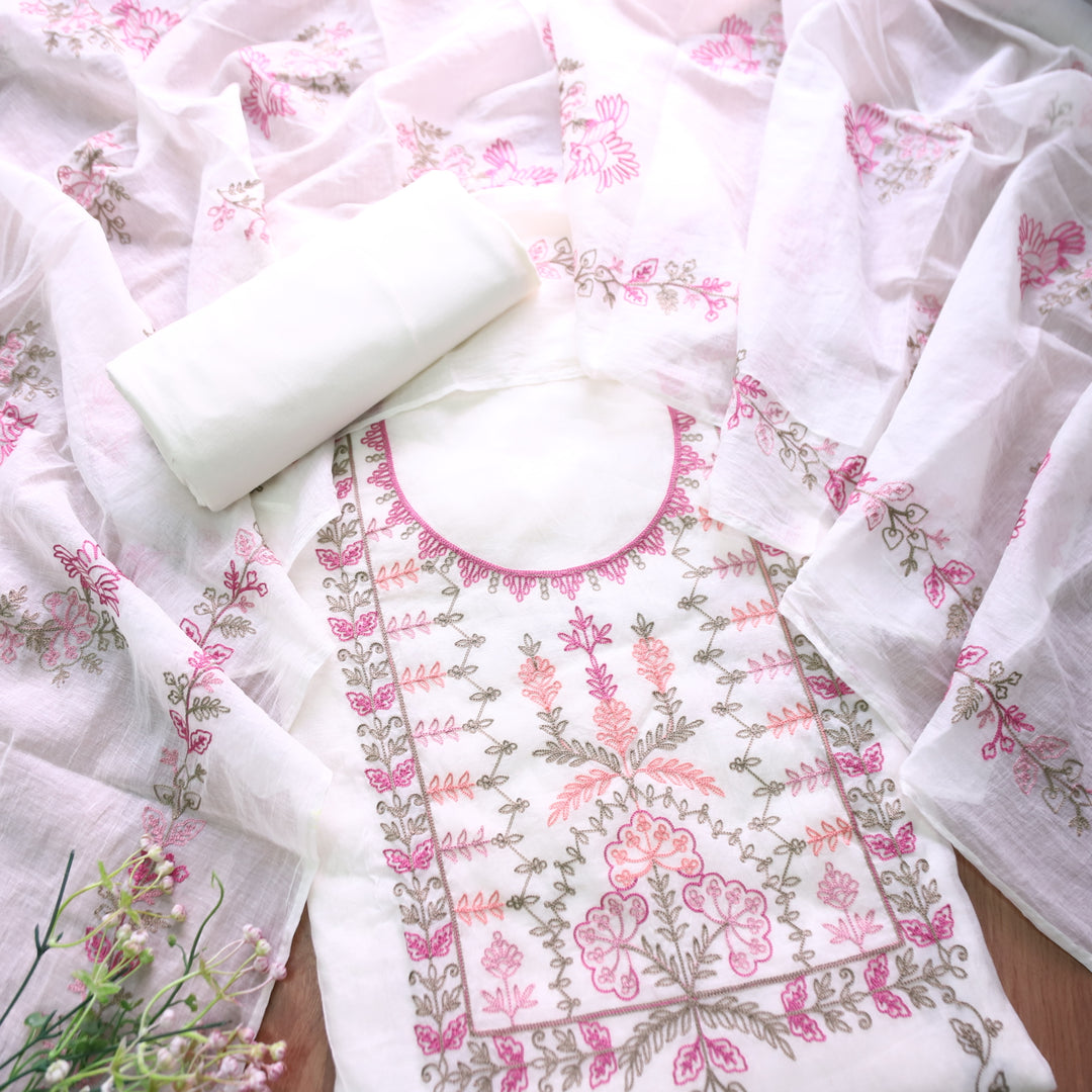 Musafir Pearl White All Over Kashida Thread Neck Work in Chanderi Suit Set