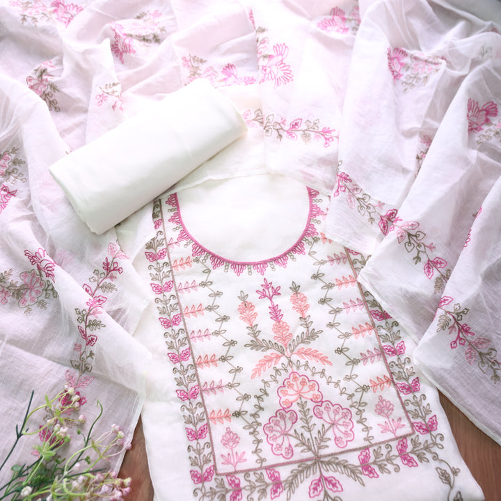 Musafir Pearl White All Over Kashida Thread Neck Work in Chanderi Suit Set