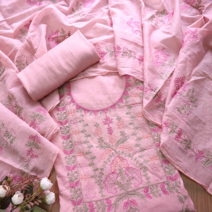 Musafir Mauve Pink All Over Kashida Thread Neck Work in Chanderi Suit Set