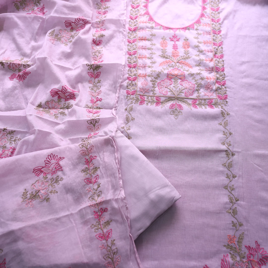 Musafir Petal Lilac All Over Kashida Thread Neck Work in Chanderi Suit Set