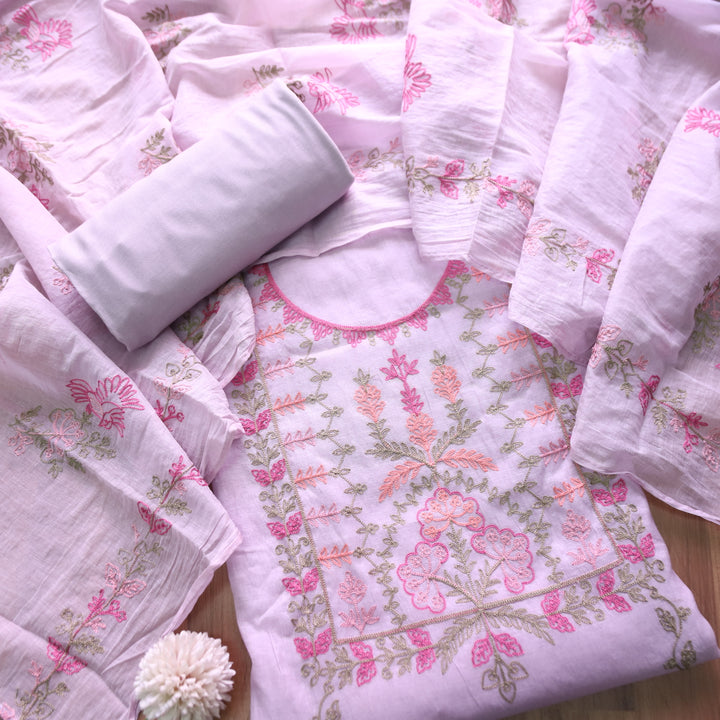 Musafir Petal Lilac All Over Kashida Thread Neck Work in Chanderi Suit Set