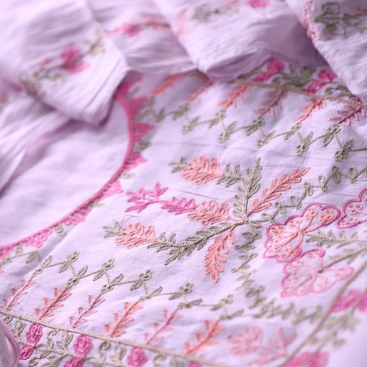 Musafir Petal Lilac All Over Kashida Thread Neck Work in Chanderi Suit Set