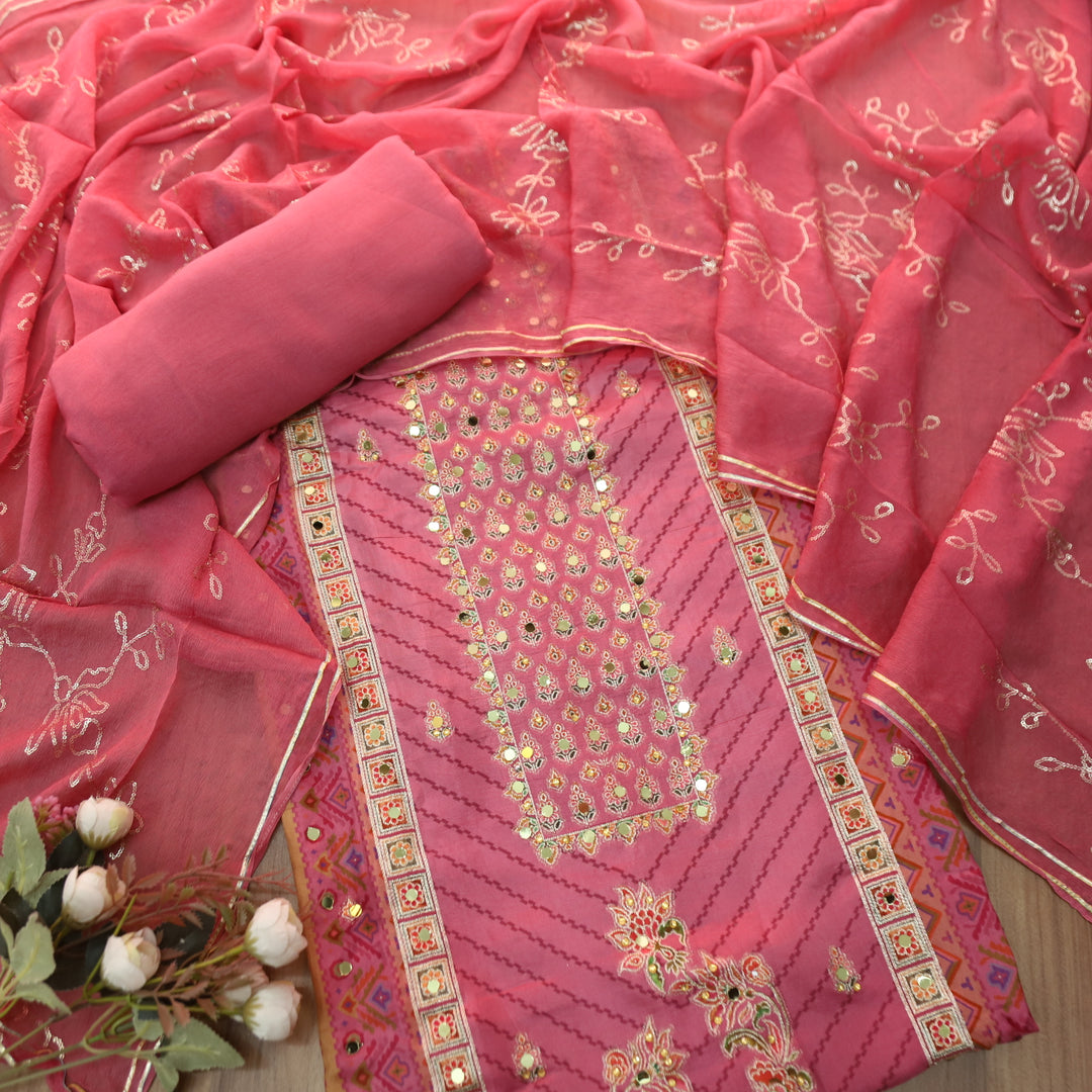 Rahi Rossy Mulberry Zari and Thread Weaved with Mirror Work Art Silk Suit Set