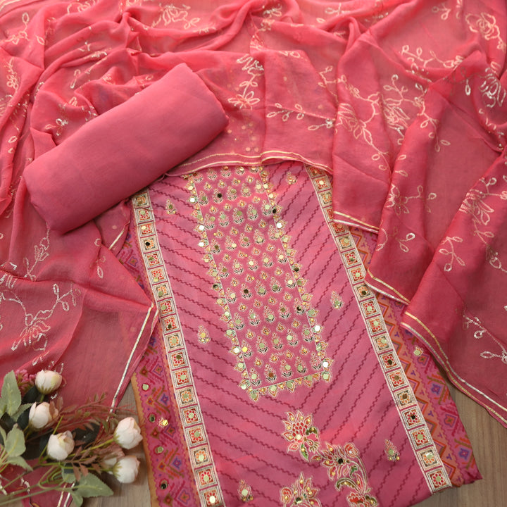 Rahi Rossy Mulberry Zari and Thread Weaved with Mirror Work Art Silk Suit Set