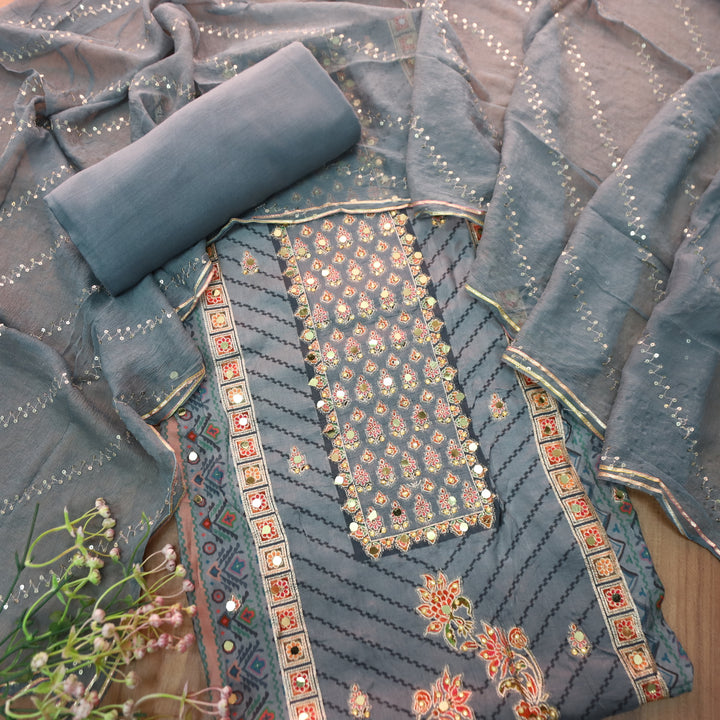 Rahi Fossil Grey Zari and Thread Weaved with Mirror Work Art Silk Suit Set