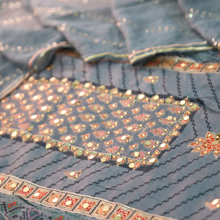 Rahi Fossil Grey Zari and Thread Weaved with Mirror Work Art Silk Suit Set