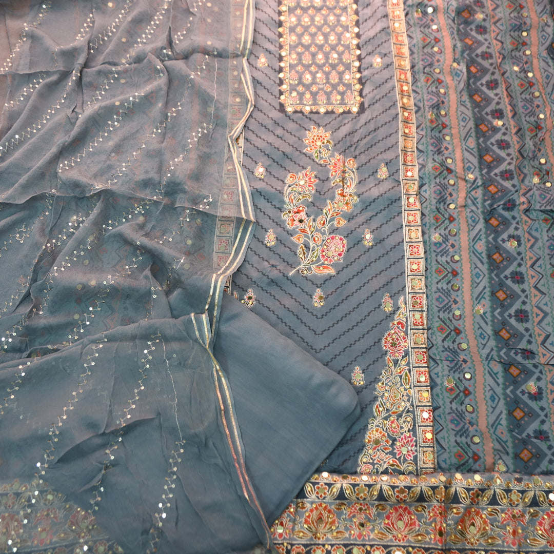Rahi Fossil Grey Zari and Thread Weaved with Mirror Work Art Silk Suit Set
