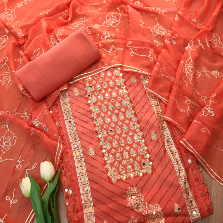 Rahi Coral Blush Zari and Thread Weaved with Mirror Work Art Silk Suit Set
