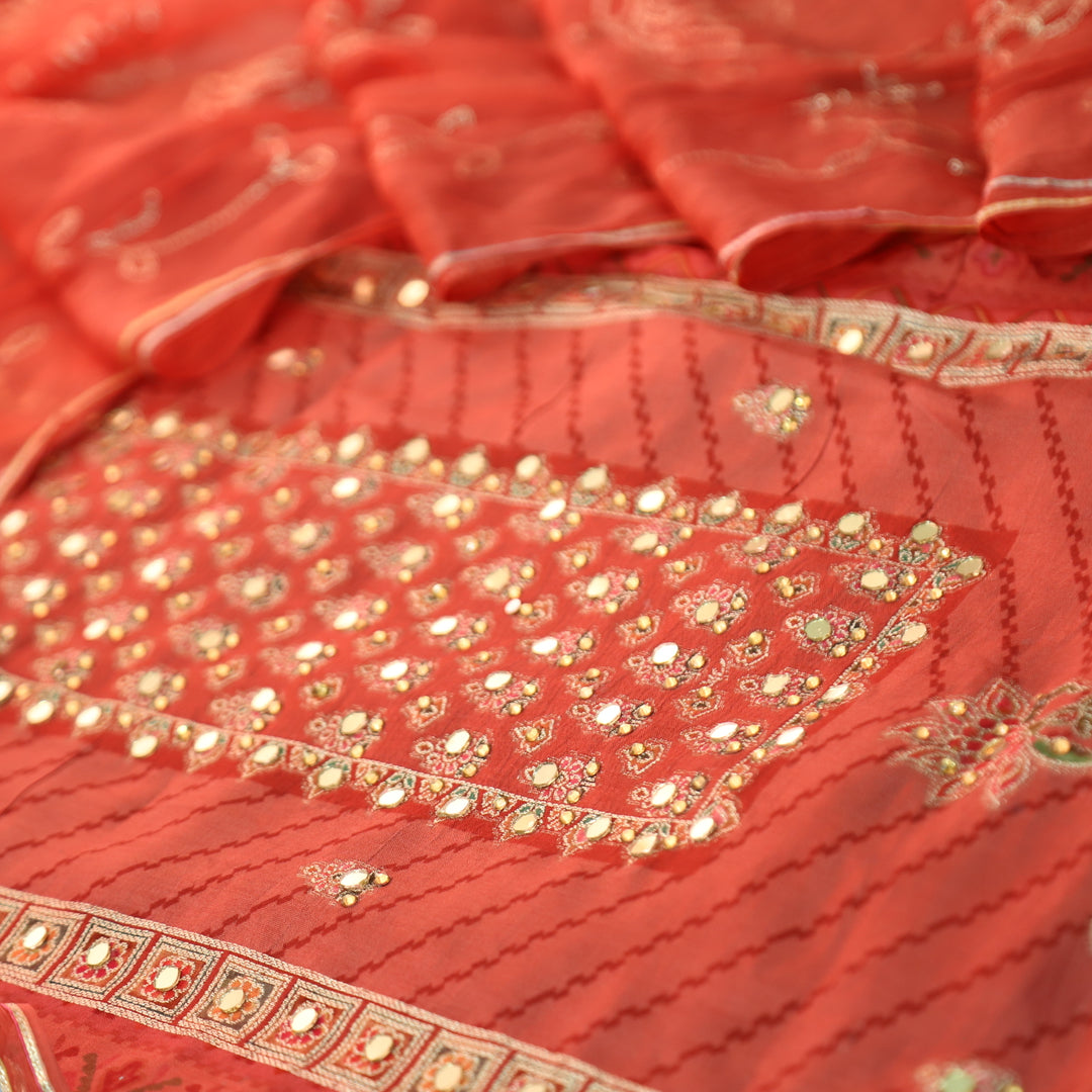 Rahi Coral Blush Zari and Thread Weaved with Mirror Work Art Silk Suit Set