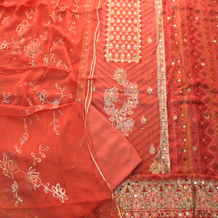 Rahi Coral Blush Zari and Thread Weaved with Mirror Work Art Silk Suit Set