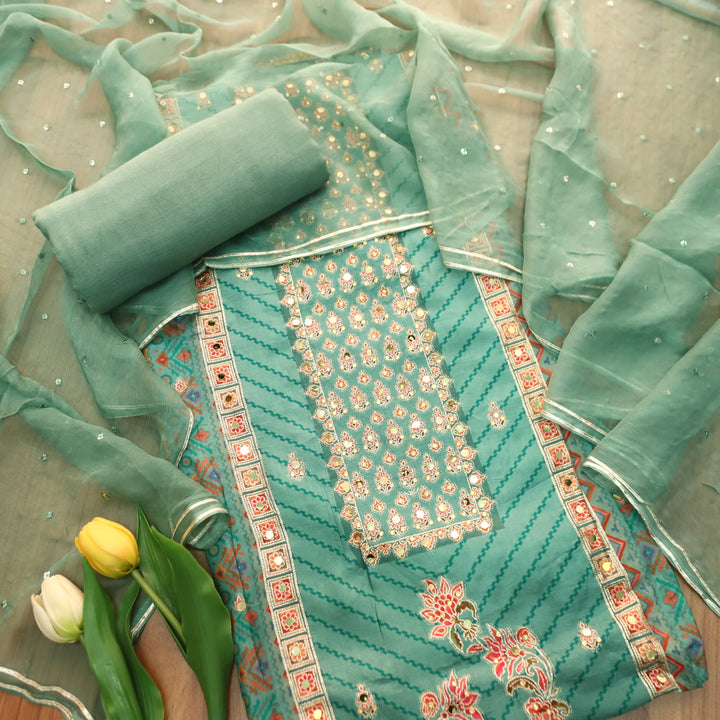 Rahi Aqua Teal Zari and Thread Weaved with Mirror Work Art Silk Suit Set