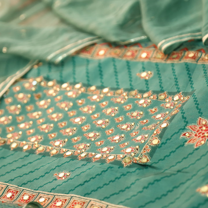 Rahi Aqua Teal Zari and Thread Weaved with Mirror Work Art Silk Suit Set