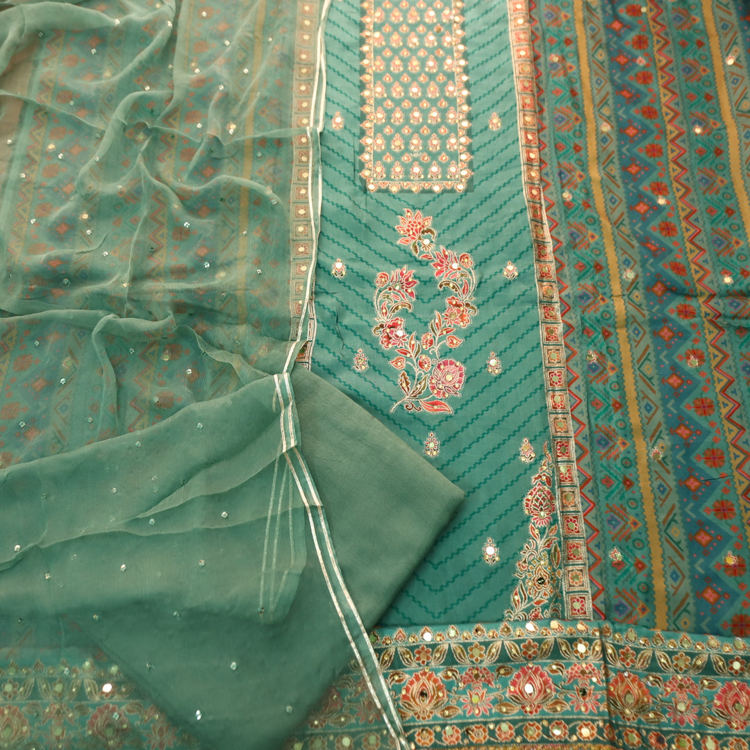 Rahi Aqua Teal Zari and Thread Weaved with Mirror Work Art Silk Suit Set