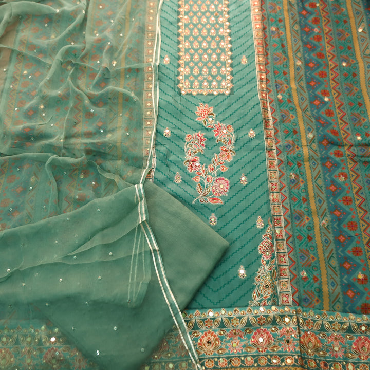 Rahi Aqua Teal Zari and Thread Weaved with Mirror Work Art Silk Suit Set