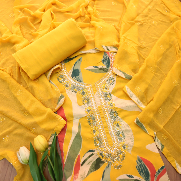 Yashvi Sunflower Yellow Embellished Neck Work Digital Printed Cotton Suit Set