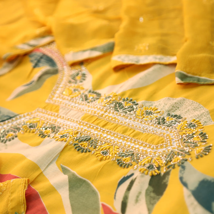 Yashvi Sunflower Yellow Embellished Neck Work Digital Printed Cotton Suit Set