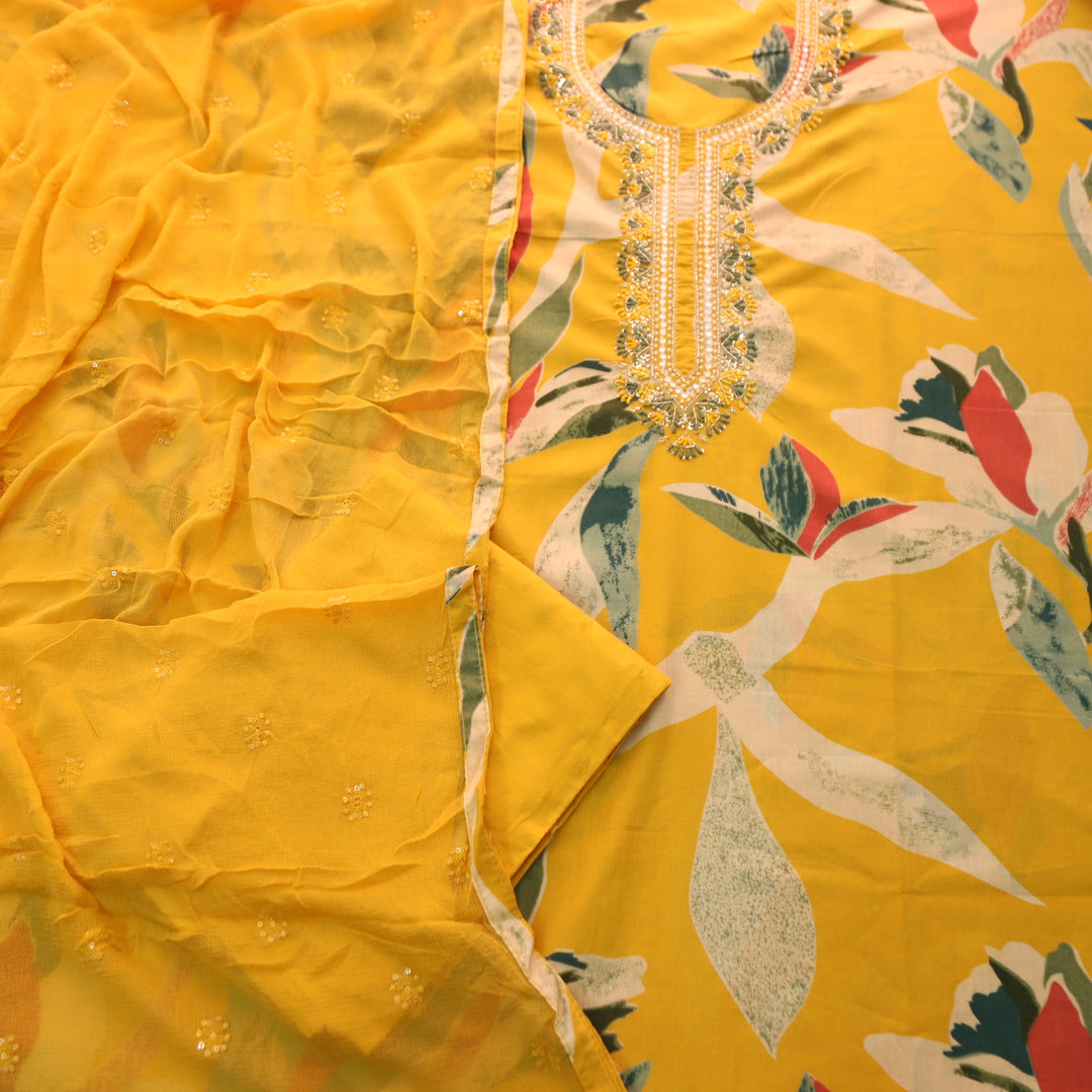 Yashvi Sunflower Yellow Embellished Neck Work Digital Printed Cotton Suit Set