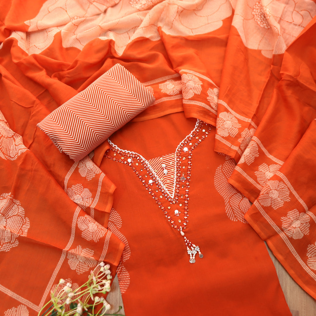 Yashvi Burnt Orange V Embellish Neckline Work with Floral Printed Cotton Suit Set