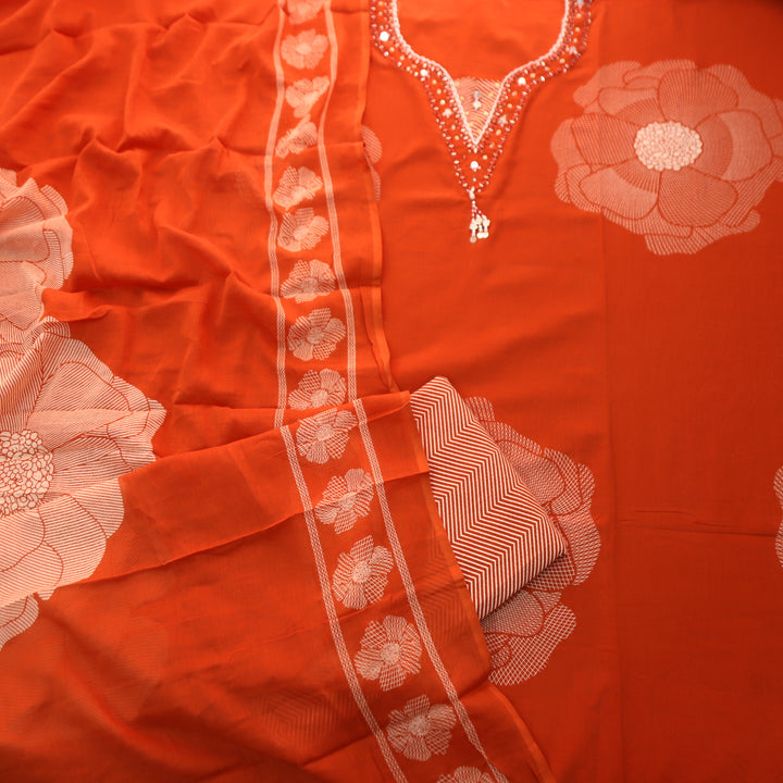 Yashvi Burnt Orange V Embellish Neckline Work with Floral Printed Cotton Suit Set