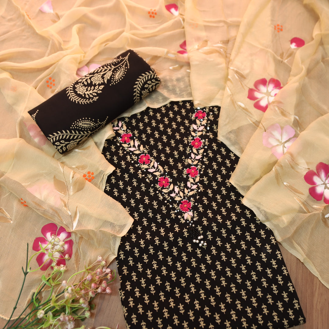 Musavvir Coal Black V Neck with Thread Work in Floral Printed Cotton Suit Set