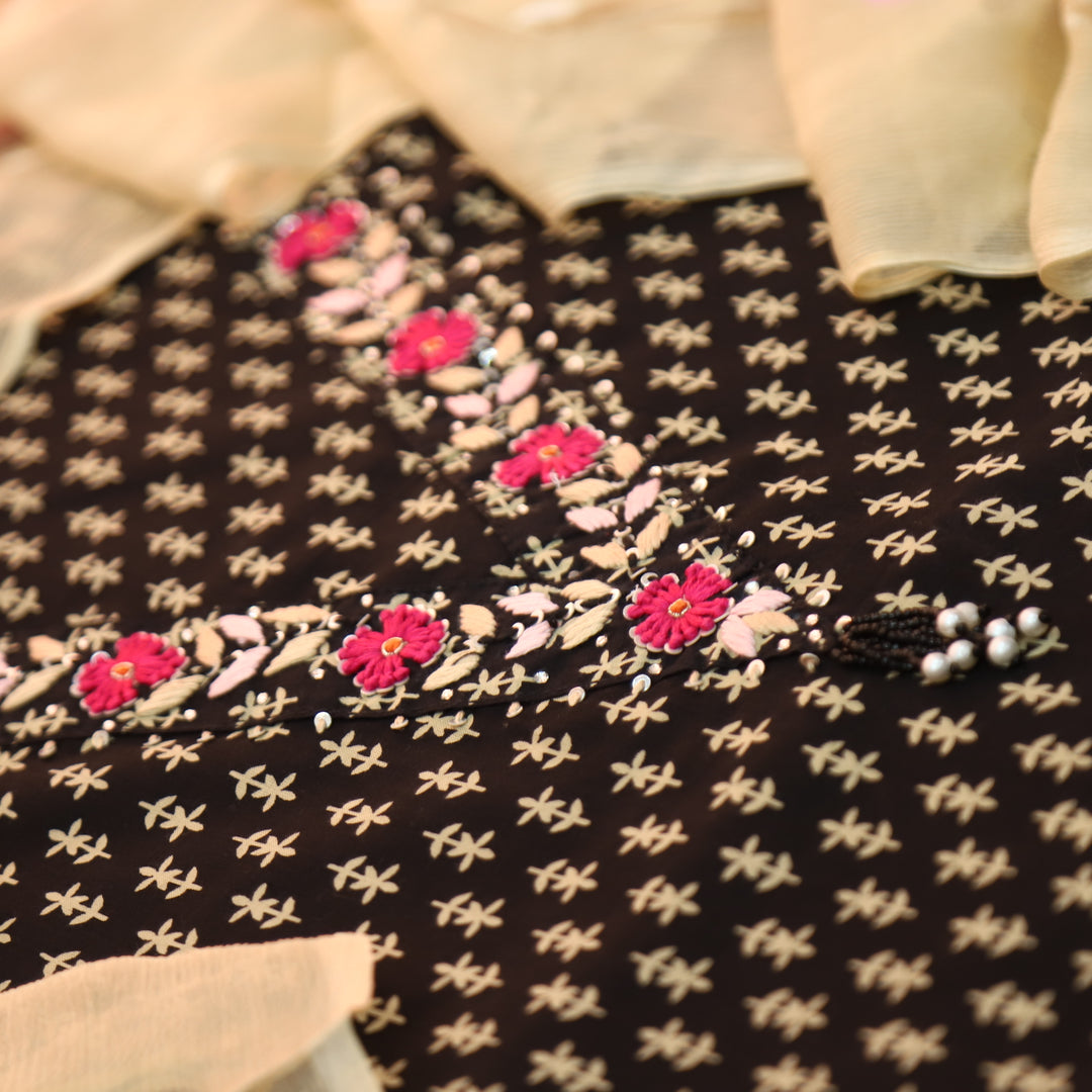 Musavvir Coal Black V Neck with Thread Work in Floral Printed Cotton Suit Set
