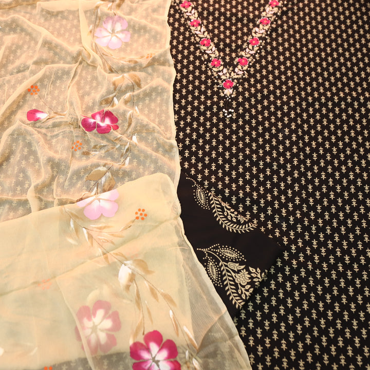 Musavvir Coal Black V Neck with Thread Work in Floral Printed Cotton Suit Set