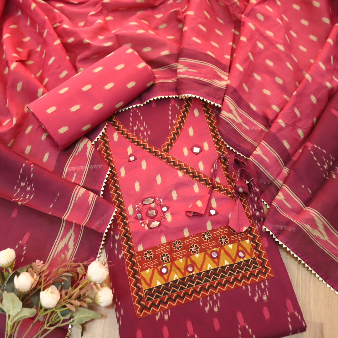 Laazmi Mulberry Mauve Ikkat Print Angrakha Yoke with Mirror work Ikkat Print Cotton Set