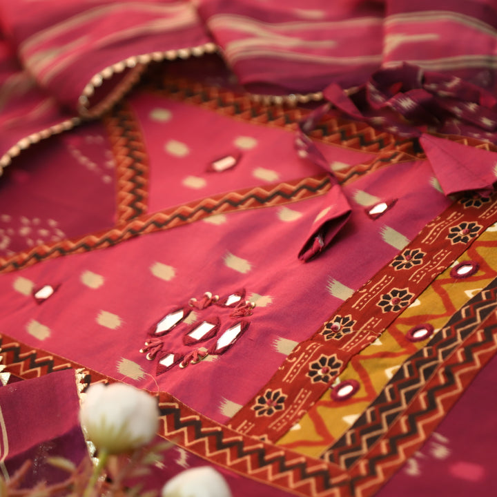 Laazmi Mulberry Mauve Ikkat Print Angrakha Yoke with Mirror work Ikkat Print Cotton Set