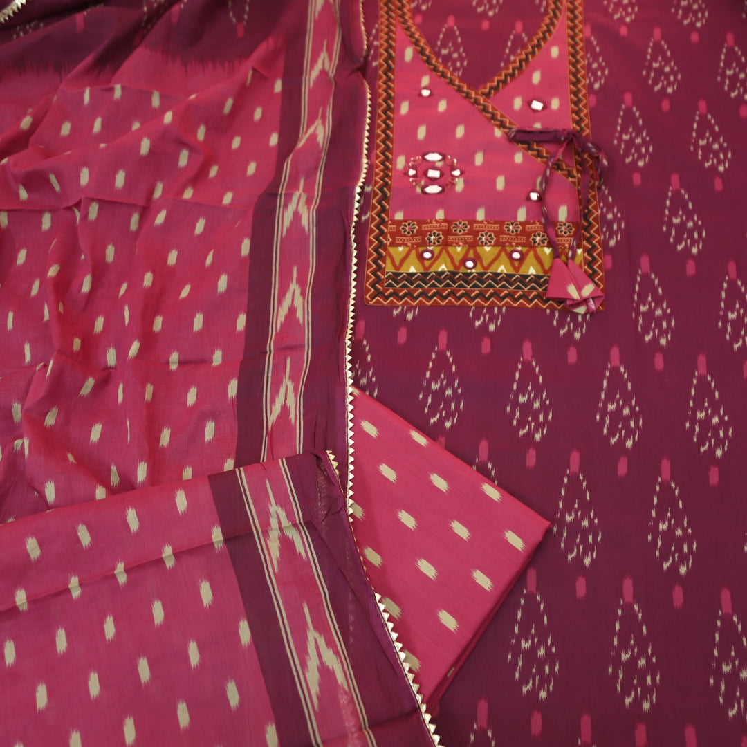 Laazmi Mulberry Mauve Ikkat Print Angrakha Yoke with Mirror work Ikkat Print Cotton Set