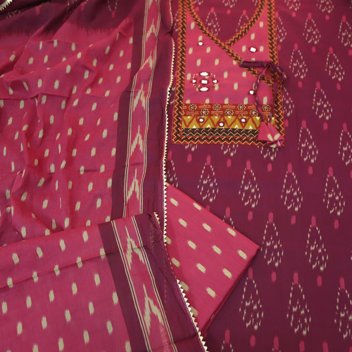 Laazmi Mulberry Mauve Ikkat Print Angrakha Yoke with Mirror work Ikkat Print Cotton Set