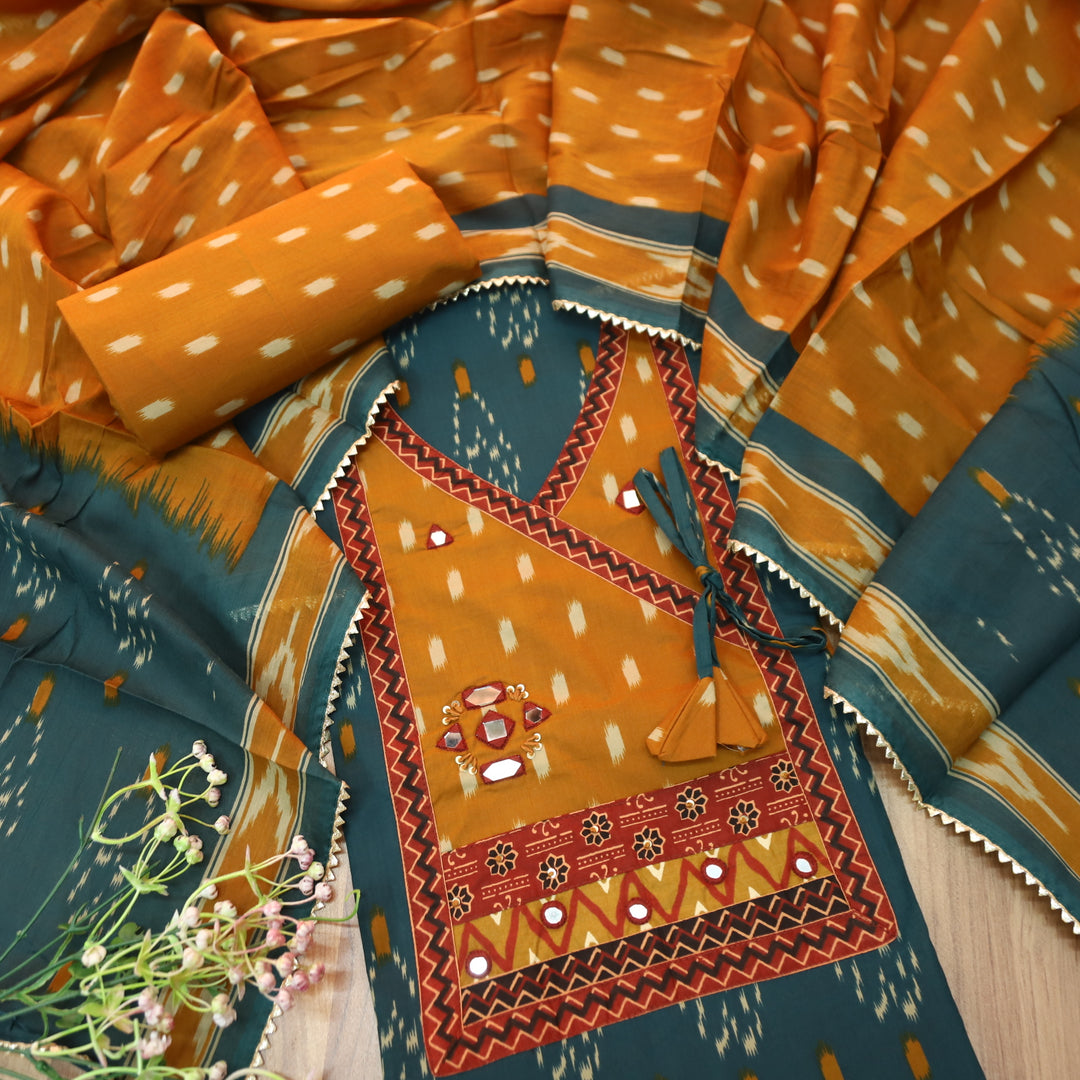 Laazmi Cerulean Blue Ikkat Print Angrakha Yoke with Mirror work Ikkat Print Cotton Set