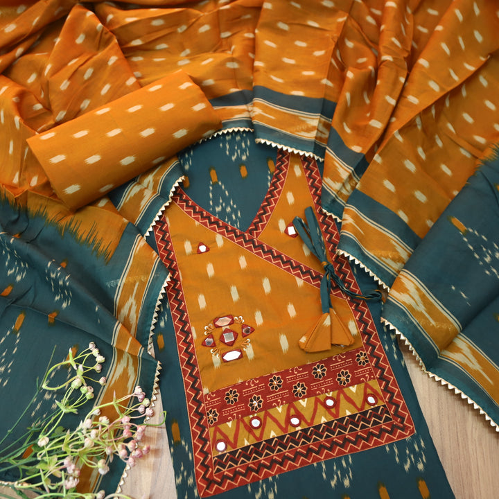 Laazmi Cerulean Blue Ikkat Print Angrakha Yoke with Mirror work Ikkat Print Cotton Set