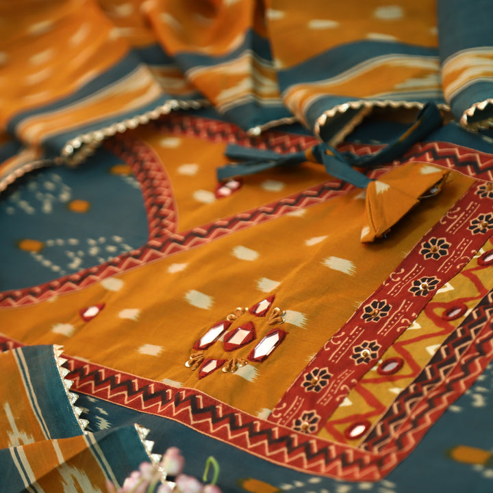 Laazmi Cerulean Blue Ikkat Print Angrakha Yoke with Mirror work Ikkat Print Cotton Set