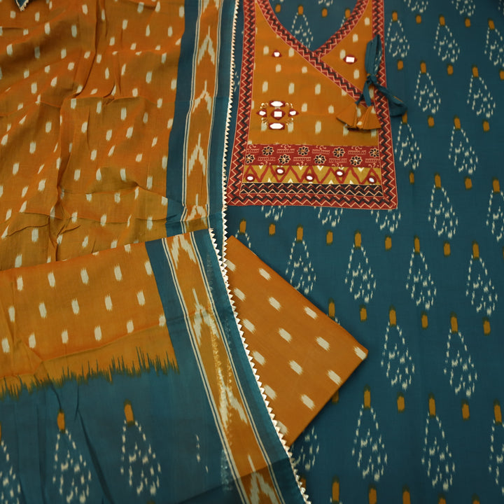 Laazmi Cerulean Blue Ikkat Print Angrakha Yoke with Mirror work Ikkat Print Cotton Set