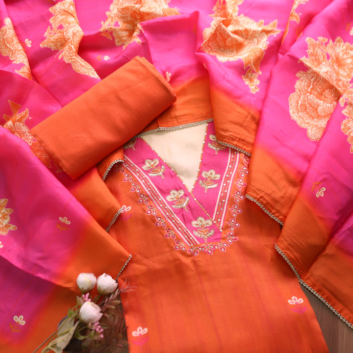 Khayal Coral Orange V Neck Zari with Spiral Work Floral Printed Russian Silk Suit Set