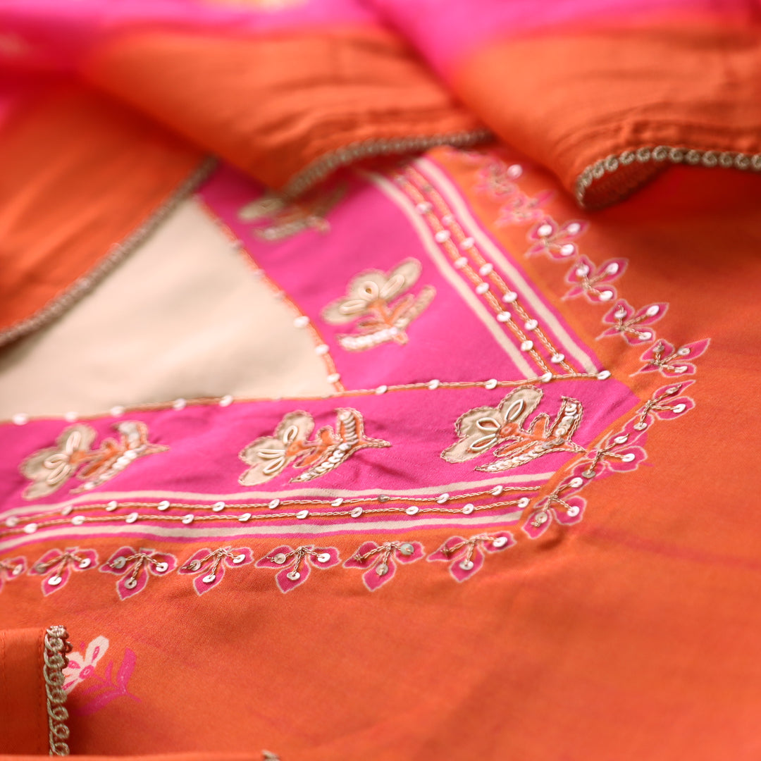 Khayal Coral Orange V Neck Zari with Spiral Work Floral Printed Russian Silk Suit Set