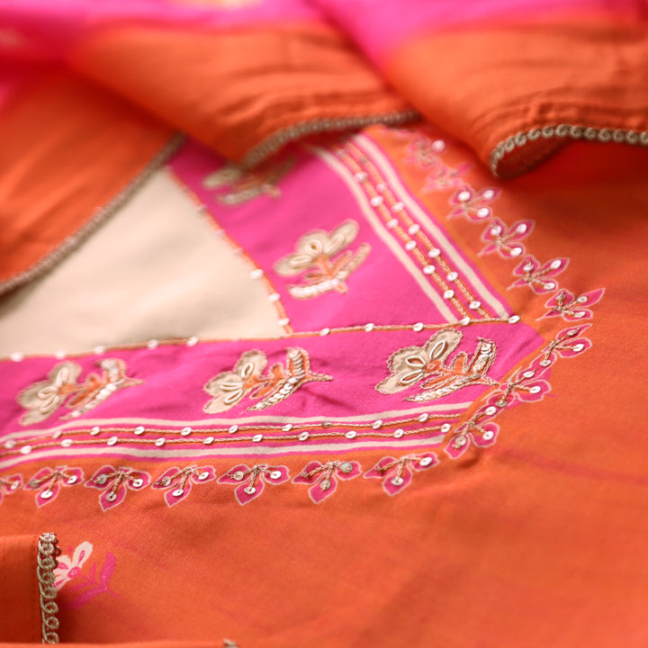 Khayal Coral Orange V Neck Zari with Spiral Work Floral Printed Russian Silk Suit Set