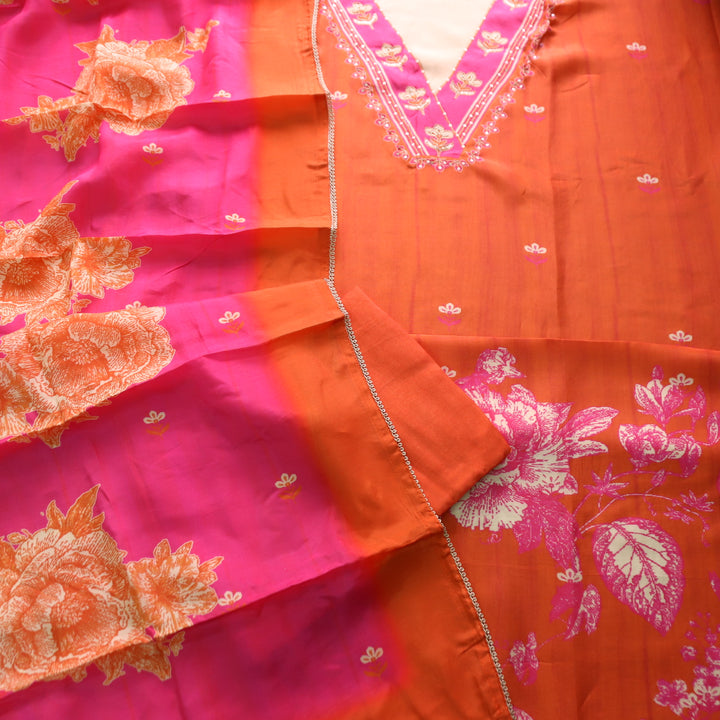Khayal Coral Orange V Neck Zari with Spiral Work Floral Printed Russian Silk Suit Set