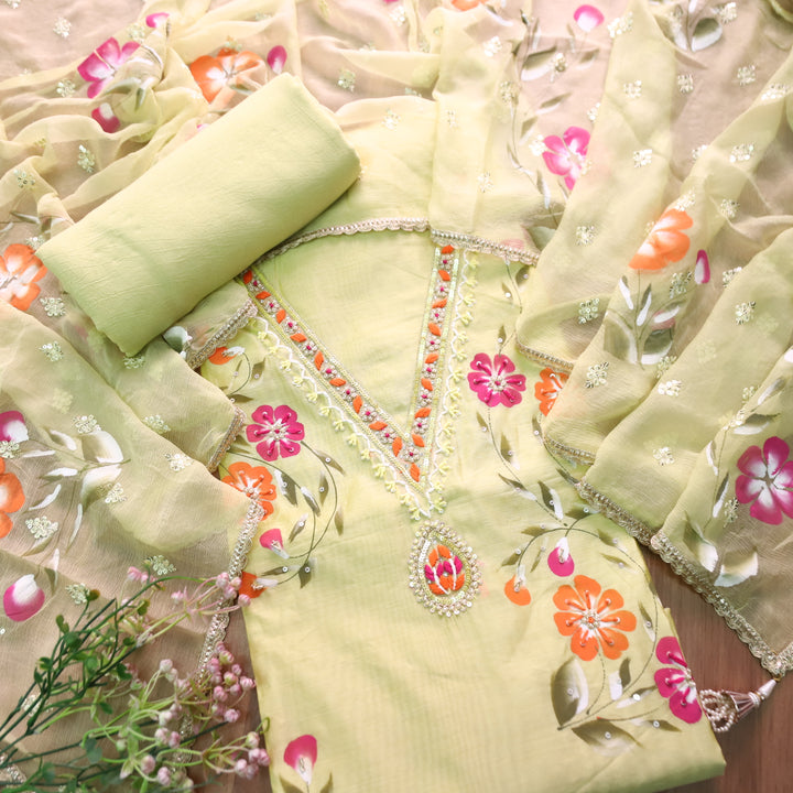 Khayaal Mint Green Embellished V Neck with Hand Painted Hem Chanderi Suit Set