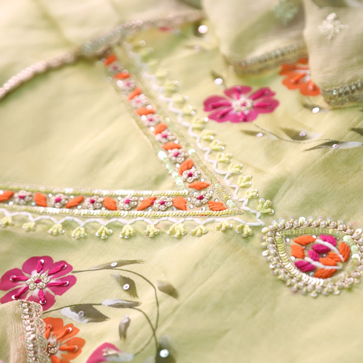 Khayaal Mint Green Embellished V Neck with Hand Painted Hem Chanderi Suit Set