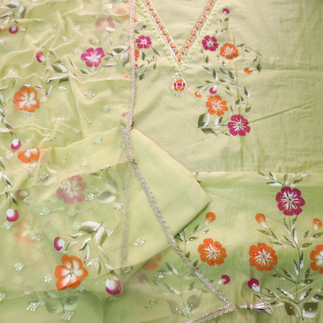 Khayaal Mint Green Embellished V Neck with Hand Painted Hem Chanderi Suit Set