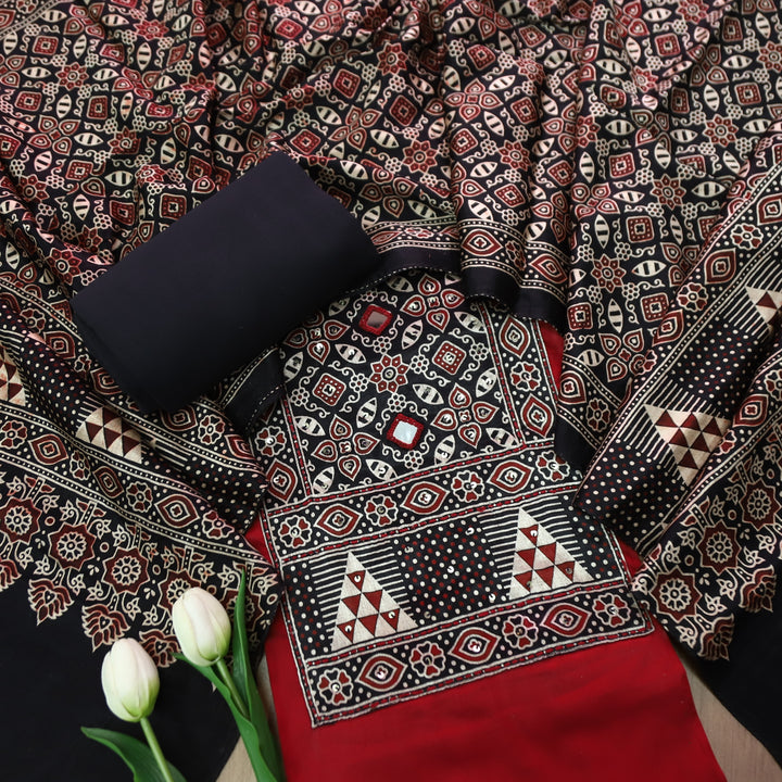 Malika Berry Red with Mashru Patch Yoke Style Glazed Cotton Suit Set