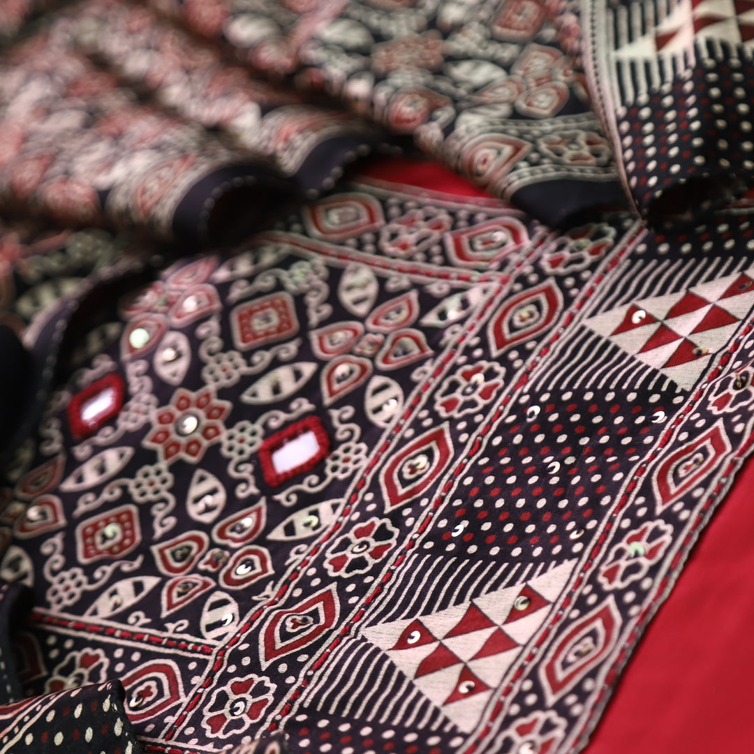 Malika Berry Red with Mashru Patch Yoke Style Glazed Cotton Suit Set