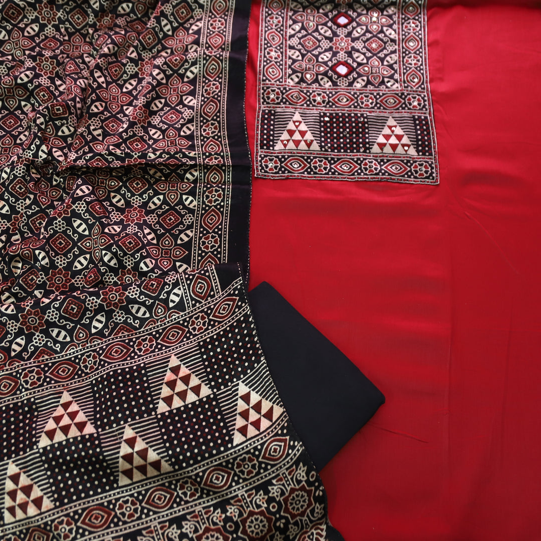 Malika Berry Red with Mashru Patch Yoke Style Glazed Cotton Suit Set