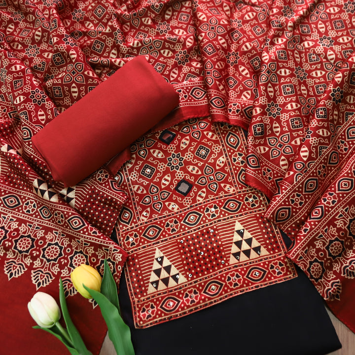 Malika Ebony Black with Mashru Patch Yoke Style Glazed Cotton Suit Set